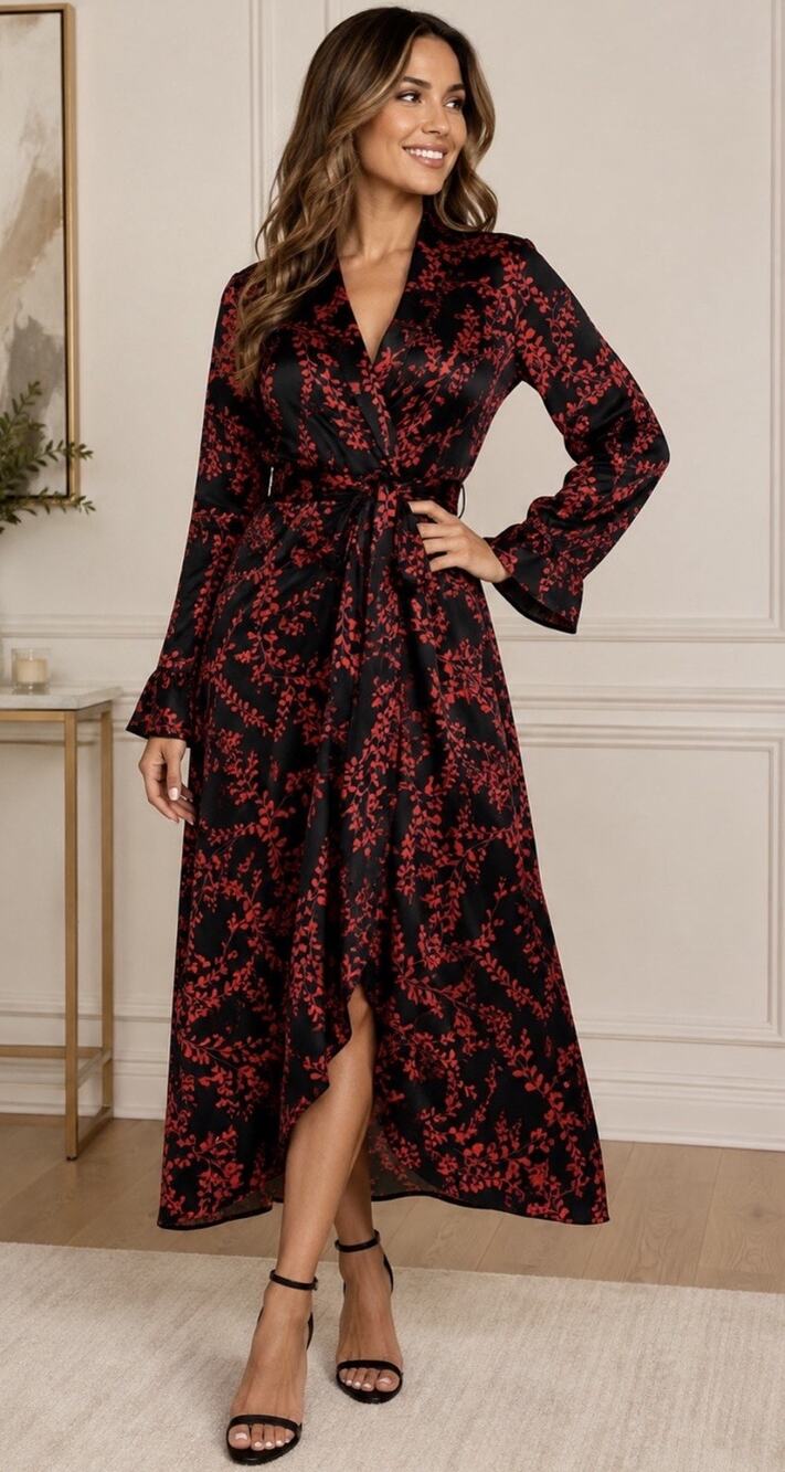 Cabernet Sleepwear Women’s L Black Red Floral Satin Robe Long Belted Kimono
